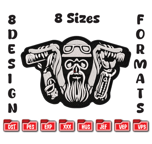 Biker Skeleton Embroidery Design, Motorcycle Rider Art, 8 Formats 8 Sizes