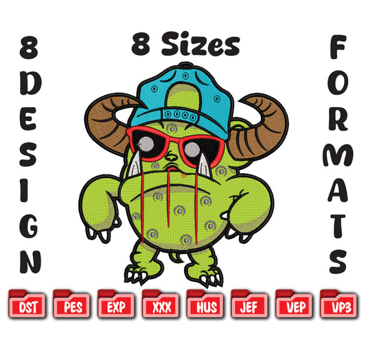 Horns Monster Embroidery Design, Cool Green Beast with Cap, 8 Formats 8 Sizes