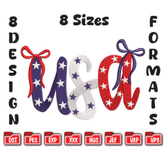 Coquette USA Embroidery Design - 4th of July Machine Embroidery File - Patriotic Bow Digital Download