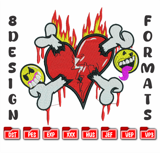 Broken Heart Crossbones Embroidery, Edgy Y2K Streetwear Art, 8 Formats Digital Download