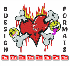 Broken Heart Crossbones Embroidery, Edgy Y2K Streetwear Art, 8 Formats Digital Download