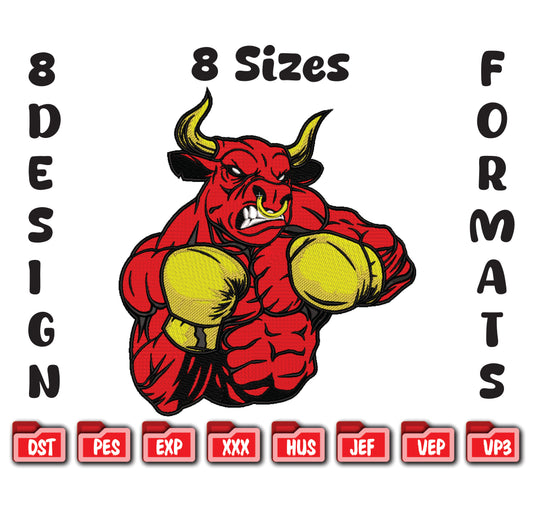Boxing Red Bull Embroidery Design, Angry Bull Sports Machine File