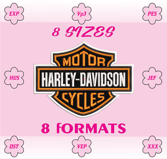 Harley Davidson Bar and Shield Logo Machine Embroidery Design, Classic American Motorcycle Embroidery File, 8 Sizes, 8 Formats