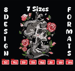 Gothic Skull and Roses Embroidery Design, Skeleton with Red Roses Machine Embroidery File, 8 Formats Digital Download