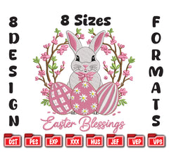 Easter Bunny Floral Embroidery Design – Spring Rabbit Eggs (Instant Download)