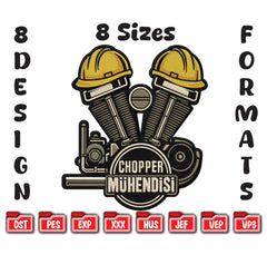 Chopper Engineer Embroidery Design, V-Twin Engine, 8 Sizes