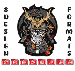 Samurai Warrior Mask Machine Embroidery Design, Japanese Oni Demon Bushido Embroidery File, 8 Sizes, 8 Formats
