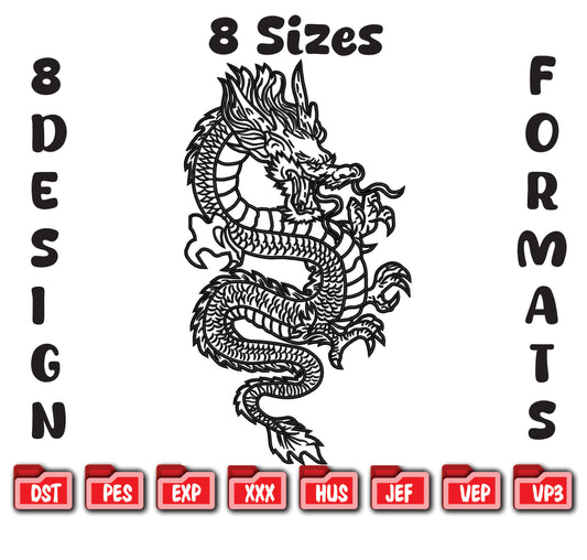 Dragon Embroidery Design, Japanese Dragon File, 8 Sizes 8 Formats