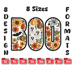 BOO Halloween Embroidery Design, Floral Ghost Pumpkin Digital File