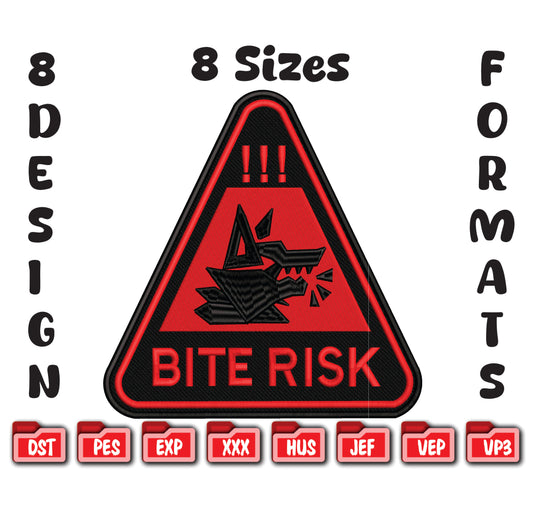 Bite Risk Wolf Warning Machine Embroidery Design – Triangle Patch Motif in 8 Sizes and Multiple Formats