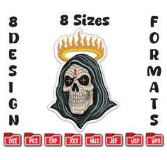 Grim Reaper Embroidery Design, Skeleton Scythe Gothic Pattern (Instant Download)