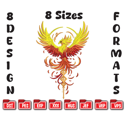 Majestic Phoenix Embroidery Design, Fire Bird Machine Embroidery, Mythical Instant Download