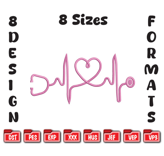Nurse Heartbeat Stethoscope Embroidery, Medical Line Art Machine Stitch File