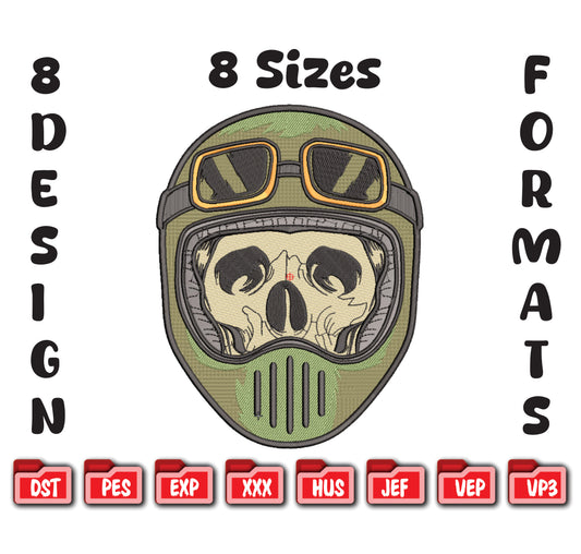 Biker Skull Helmet Embroidery, Tactical Skeleton Rider, 8 Formats 8 Sizes