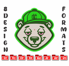 Streetwear Bear Green Hat Embroidery Design, 8 Sizes & 8 Formats