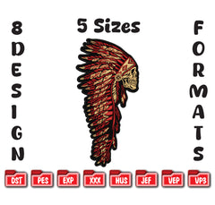 Native American Skeleton Chief Embroidery, Headdress Skull Digital File