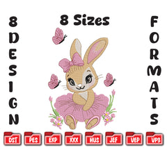 Easter Bunny Girl Embroidery Design, Tutu Bunny Machine File, Spring Butterflies (Digital Download)