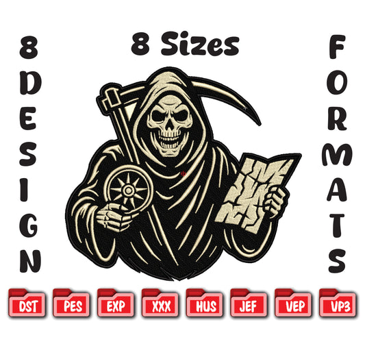 Grim Reaper Navigator Embroidery Design, Skeleton Reaper Machine File