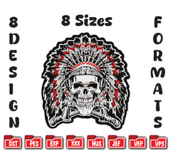 Native Skull Headdress Embroidery Design, Biker Skull Digital File