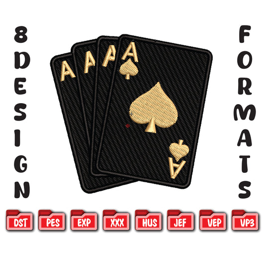Four Aces Embroidery Design, Gold Spade Playing Cards Digital File