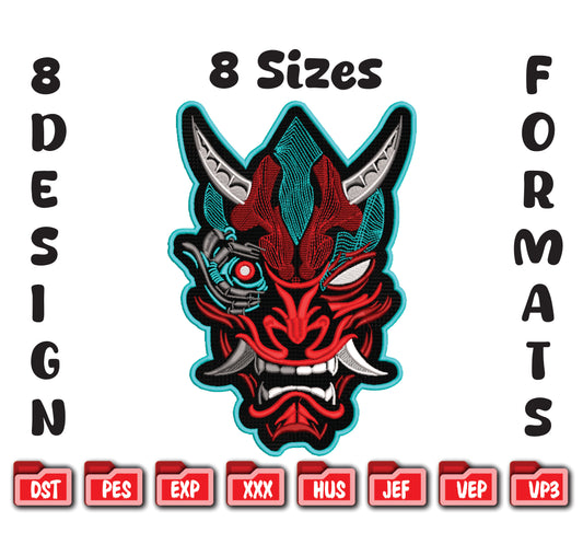 Cyberpunk Oni Mask Machine Embroidery Design - 8 Sizes & Multiple Formats