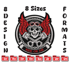 Ride or Die Biker Skull Embroidery Design, Motorcycle Digital File