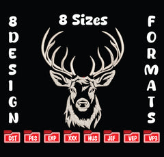 Deer Head Embroidery Design, Buck Antlers Pattern (8 Sizes & Formats), Instant Download