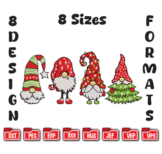 Christmas Gnomes Embroidery Design, Holiday Garden Gnome Digital File