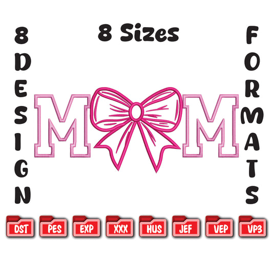 Coquette Bow "Mom" Embroidery Design – Girly Ribbon Machine File for Sweatshirts
