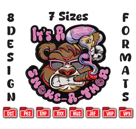 Angry Bear Smoke-A-Thon Embroidery, Streetwear Bear Design, 8 Formats 7 Sizes