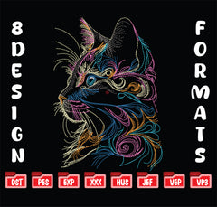 Abstract Cat Embroidery Design, Colorful Rainbow Kitten Digital File