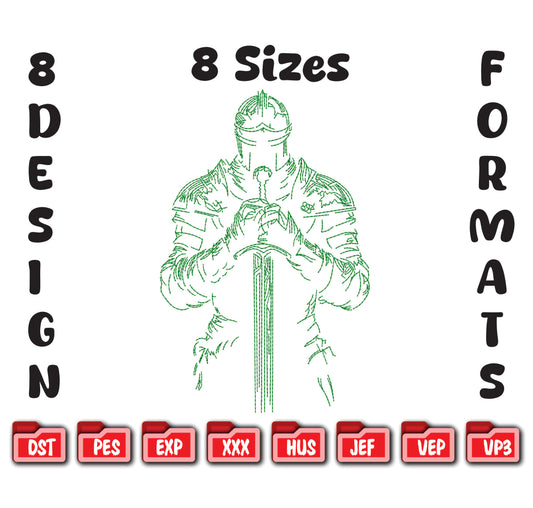 Majestic Knight Warrior Line Art Embroidery Design: Medieval Fighter Digital Pattern in All Formats.