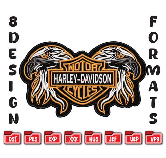 Harley Davidson Eagle Embroidery Design, Twin Eagles Motorcycle Machine Embroidery File, 8 Formats Digital Download