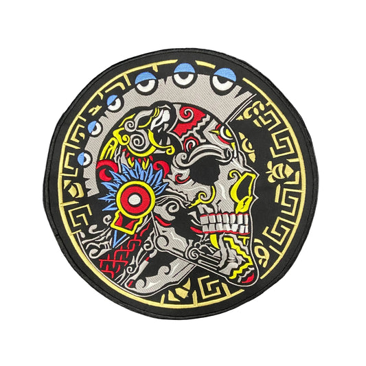 Warrior Skull Patch | 12 Inch Aztec Calavera Embroidery | Tribal & Folk Art Applique