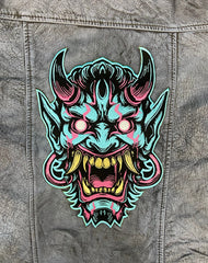 Oni Mask Embroidered Iron-On Patch | Japanese Demon Hannya Mask Tattoo Style | Yokai / Streetwear / Back Patch for Jacket | Cosplay Accesory