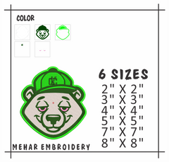 Streetwear Bear Green Hat Embroidery Design, 8 Sizes & 8 Formats