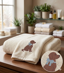Chocolate Labrador Embroidery Design – Dog with Blue Bow (Digital File)