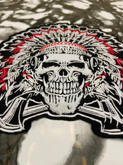 Native American Skull Headdress Large Back Patch – Tribal Warrior Biker Applique