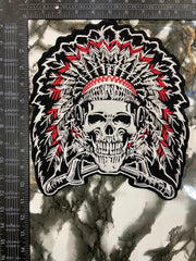 Native American Skull Headdress Large Back Patch – Tribal Warrior Biker Applique