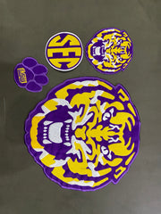 LSU Tigers Purple and Gold Patch Collection | Large Back Patch, Mini Tiger, Tiger Paw Print, Metallic Gold SEC Patch | Iron On Sew On