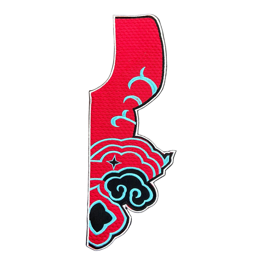 Red and blue logo on a dark gray background