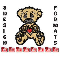 Sad Heart Bear Machine Embroidery Design, 8 Sizes & 8 Formats