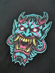 Oni Mask Embroidered Iron-On Patch | Japanese Demon Hannya Mask Tattoo Style | Yokai / Streetwear / Back Patch for Jacket | Cosplay Accesory