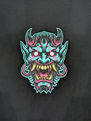 Oni Mask Embroidered Iron-On Patch | Japanese Demon Hannya Mask Tattoo Style | Yokai / Streetwear / Back Patch for Jacket | Cosplay Accesory