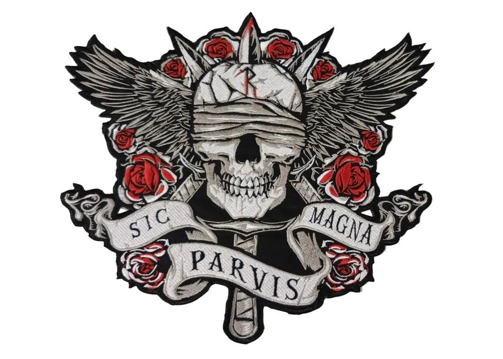 Decorative skull design with roses and STC PARVIS MAGNA on a light background