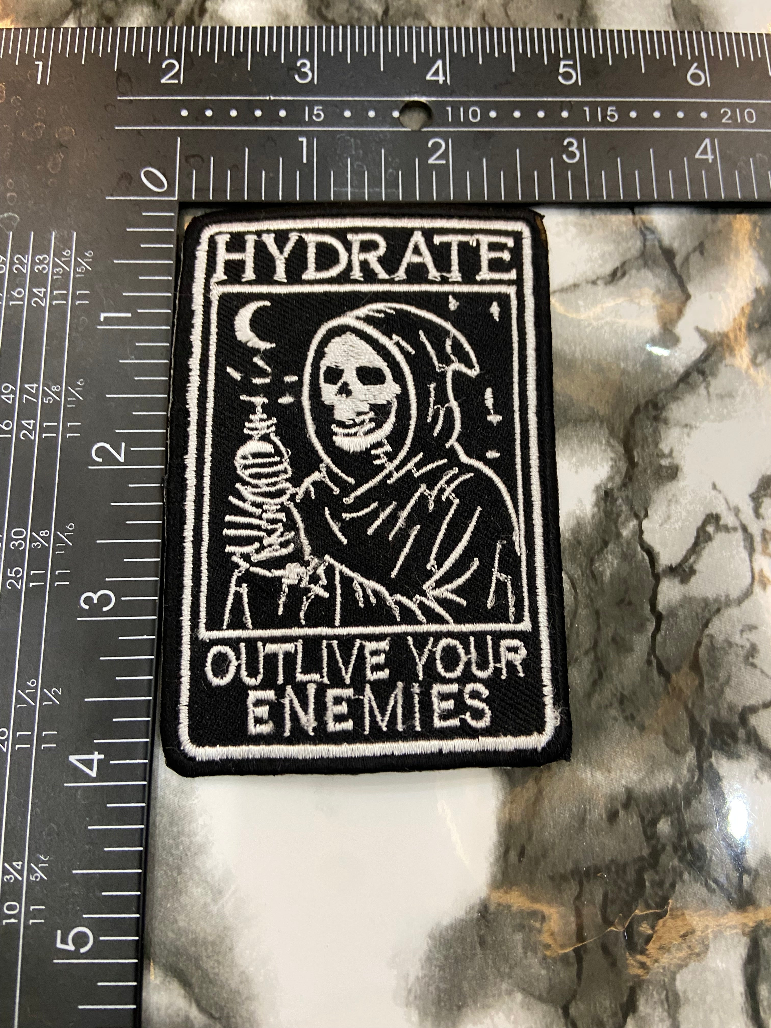 Hydrate Outlive Your Enemies Patch – Edgy Humor & Self-Care Applique