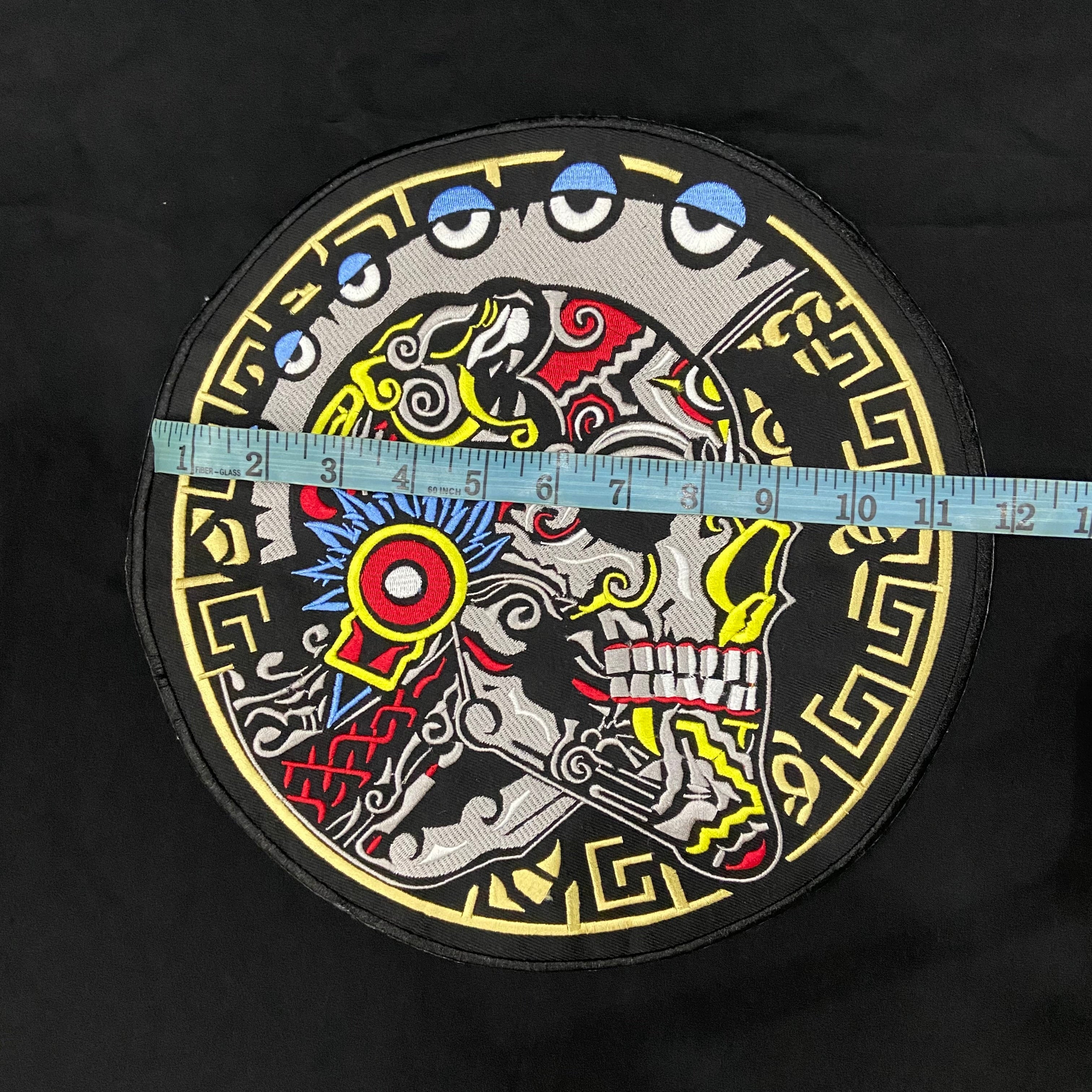 Warrior Skull Patch | 12 Inch Aztec Calavera Embroidery | Tribal & Folk Art Applique