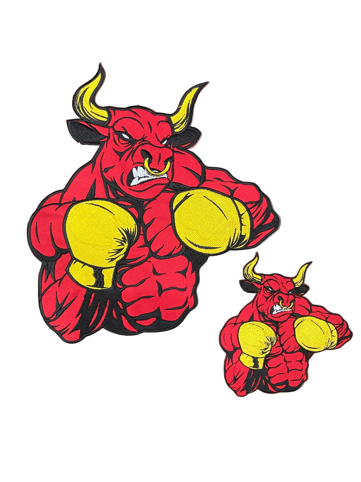 Boxing Bull Embroidery Patch: Red Bull with Yellow Gloves - Iron-On Applique