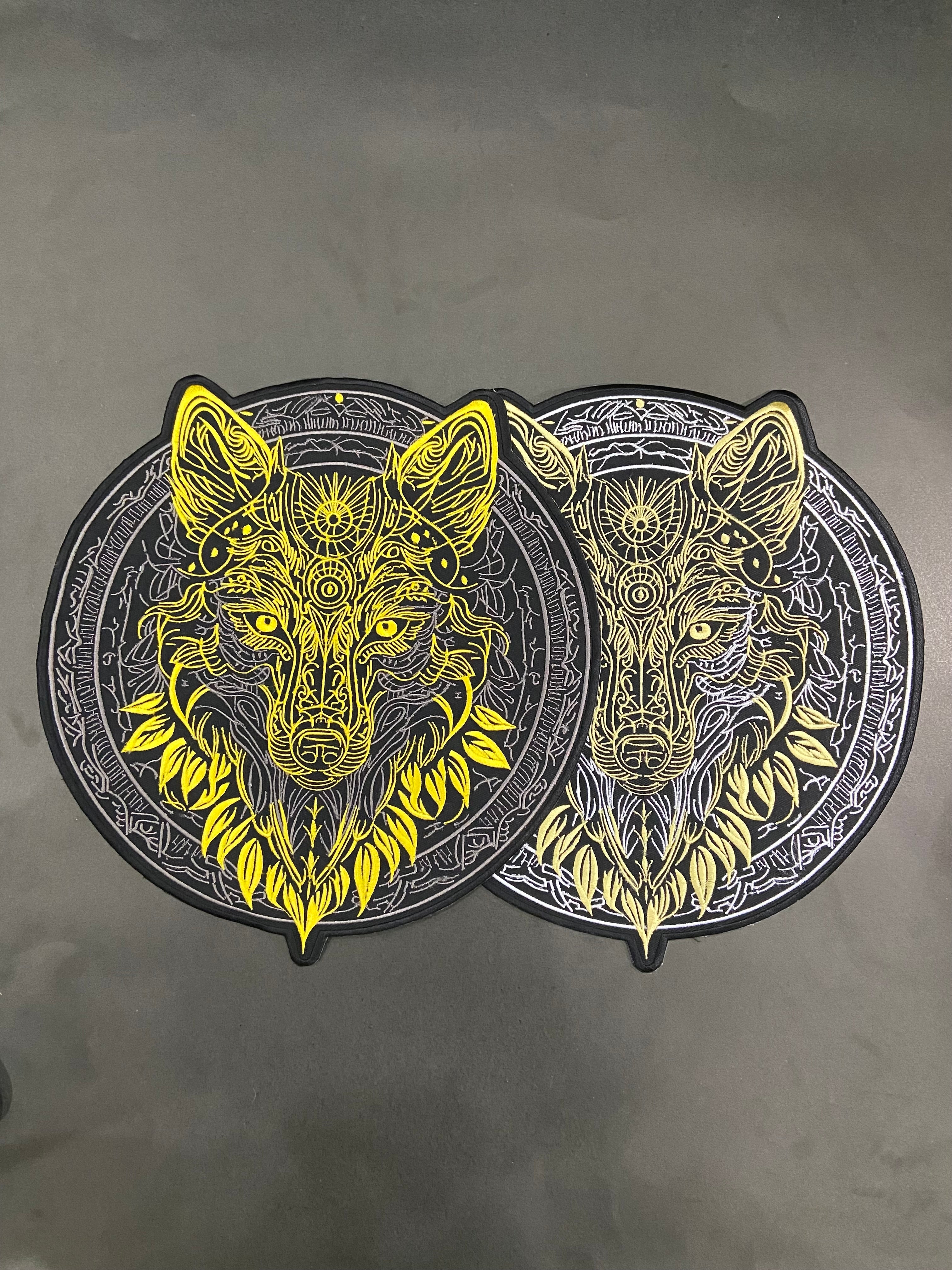 Golden & Grey Wolf Large Back Patch | Antique Style Biker & Sigil Emblem