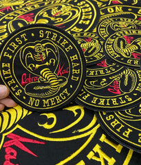 Cobra Kai Karate Motto Patch – Strike First Strike Hard No Mercy – Large Embroidered Applique